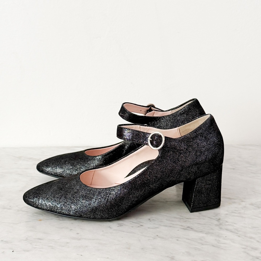 Ara High Soft Mary Jane Pumps Metallic Block Heel 8 Black Shimmer Pointed Toe